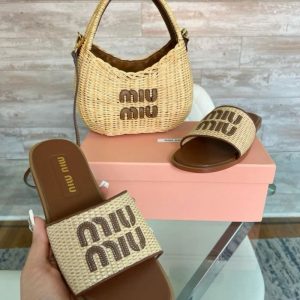 SUMMER SET: MIUMIU WANDER WICKER HOBO BAG TAN AND CARAMEL 13CM & MIUMIU RAFFIA EFFECT WOVEN FABRIC SLIDES NATURAL