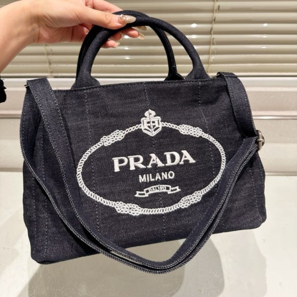 PRADA LOGO PRINTED DENIM TOTE BAG BLACK 26CM