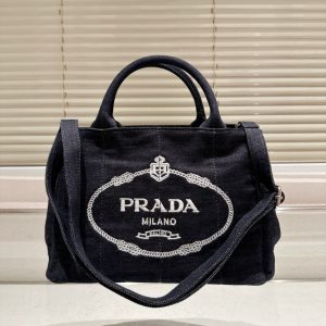PRADA LOGO PRINTED DENIM TOTE BAG BLACK 26CM