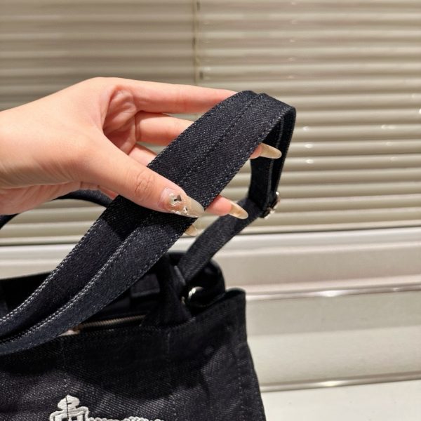 PRADA LOGO PRINTED DENIM TOTE BAG BLACK 26CM