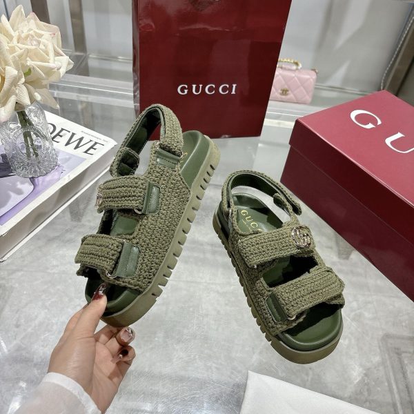 GUCCI WOMEN SANDAL WITH DOUBLE G DARK GREEN CROCHET ‎835086 FAEQ2 3037