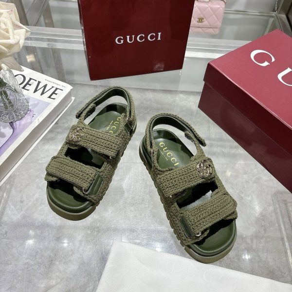 GUCCI WOMEN SANDAL WITH DOUBLE G DARK GREEN CROCHET ‎835086 FAEQ2 3037