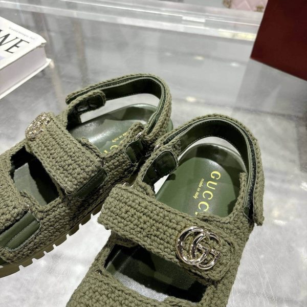 GUCCI WOMEN SANDAL WITH DOUBLE G DARK GREEN CROCHET ‎835086 FAEQ2 3037