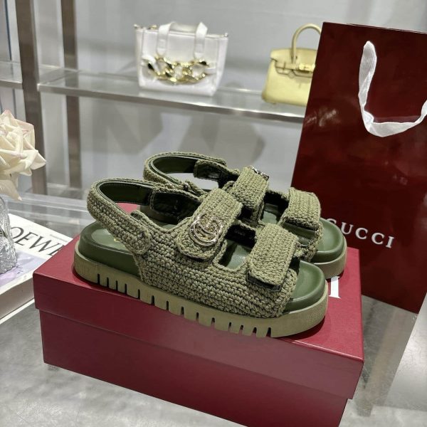 GUCCI WOMEN SANDAL WITH DOUBLE G DARK GREEN CROCHET ‎835086 FAEQ2 3037