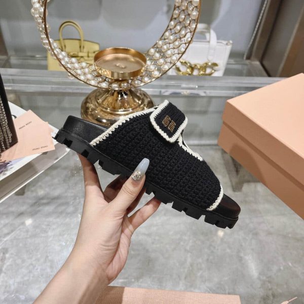 MIUMIU CROCHET KNIT SLIDES BLACK