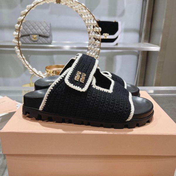 MIUMIU CROCHET KNIT SLIDES BLACK