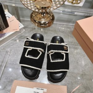 MIUMIU CROCHET KNIT SLIDES BLACK