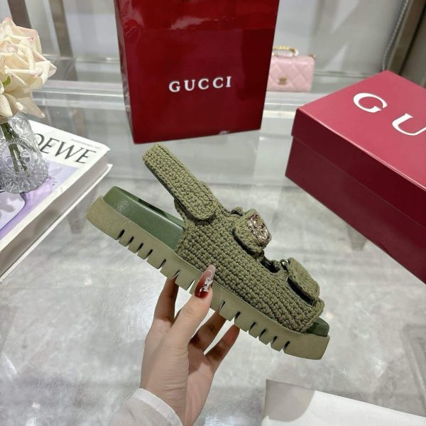 GUCCI WOMEN SANDAL WITH DOUBLE G DARK GREEN CROCHET ‎835086 FAEQ2 3037