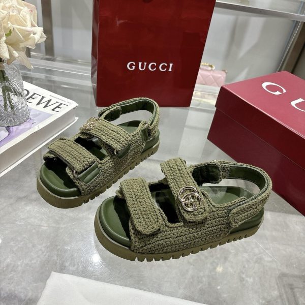 GUCCI WOMEN SANDAL WITH DOUBLE G DARK GREEN CROCHET ‎835086 FAEQ2 3037