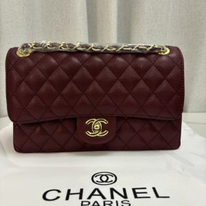 CHANEL MEDIUM CLASSIC DOUBLE FLAP BURGUNDY GOLD HARDWARE 25CM