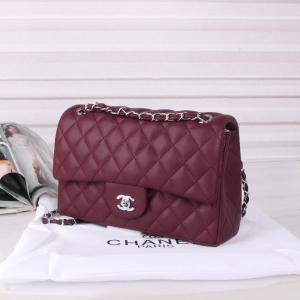 CHANEL MEDIUM CLASSIC DOUBLE FLAP BURGUNDY SILVER HARDWARE 27CM