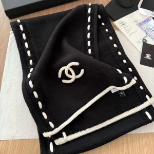 CHANEL CC LOGO CASHMERE SCARF BLACK 180CM