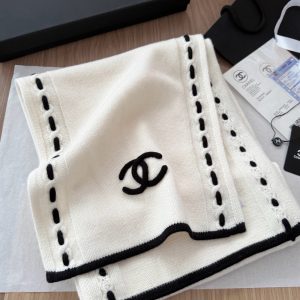 CHANEL CC LOGO CASHMERE SCARF WHITE 180CM