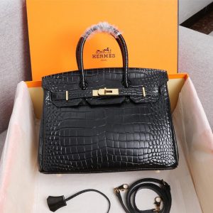 HERMES BIRKIN 35 SHINY POROSUS CROCODILE BLACK NOIR 35CM