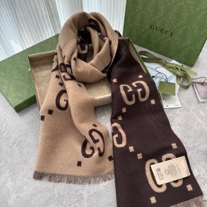GUCCI GG JACQUARD WOOL SILK SCARF BROWN AND BEIGE 180CM 495592 4G350 2179