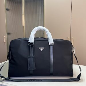PRADA RE NYLON AND SAFFIANO LEATHER DUFFEL BAG BLACK 50CM 2VC042 2DMH F0002 V OOO