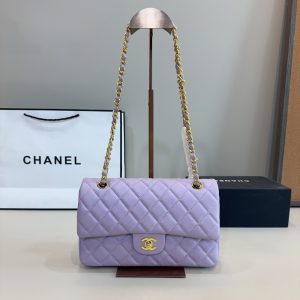 CHANEL MEDIUM CLASSIC DOUBLE FLAP PURPLE GOLD HARDWARE 25CM