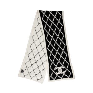 CHANEL CASHMERE SILK QUILTED CC SCARF BLACK WHITE 195CM