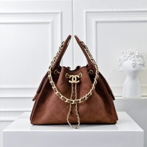 CHANEL 25 SMALL HANDBAG GOLD TONE METAL BROWN 26CM