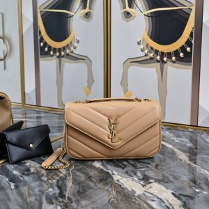 SAINT LAURENT MEDIUM LOULOU QUILTED SHOULDER BAG CAMEL BROWN 24CM