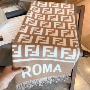 FENDI LOGO DETAIL FRINGED SCARF BROWN 180CM