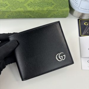 GUCCI GG MARMONT LEATHER BI FOLD WALLET SILVER METAL BLACK 11CM