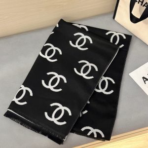 CHANEL WOOL CASHMERE CC SCARF BLACK WHITE 180CM