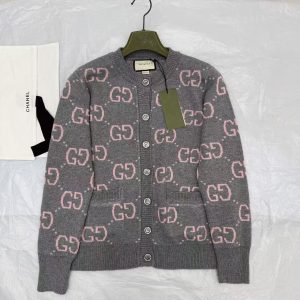 GUCCI GG MONOGRAM KNIT CARDIGAN IN GREY WITH PINK