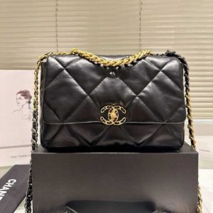 CHANEL 19 FLAP BAG SHINY GOLD AND SILVER TONE BLACK 30CM