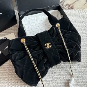 CHANEL BOW BAG VELVET EFFECT NYLON AND GOLD TONE METAL BLACK 35CM