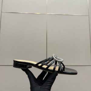 GUCCI WOMEN SLIDE WITH CRYSTAL INTERLOCKING G BLACK LEATHER