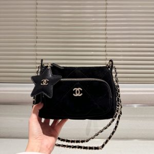 CHANEL CLUTCH WITH CHAIN VELVET EFFECT NYLON AND GOLD TONE METAL BLACK 21CM