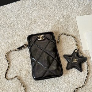 CHANEL PHONE HOLDER WITH CHAIN SHINY CRUMPLED AND GOLD TONE METAL BLACK 18CM