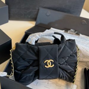 CHANEL MINI BOW BAG VELVET EFFECT NYLON AND GOLD TONE METAL BLACK 21CM