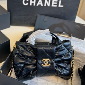CHANEL MINI BOW BAG SHINY AND GOLD TONE METAL BLACK 21CM