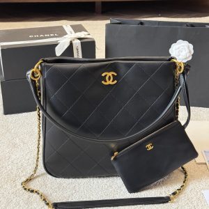 CHANEL QUILTED HOBO SHOULDER BAG BLACK BRUSHED GOLD HARDWARE 33CM
