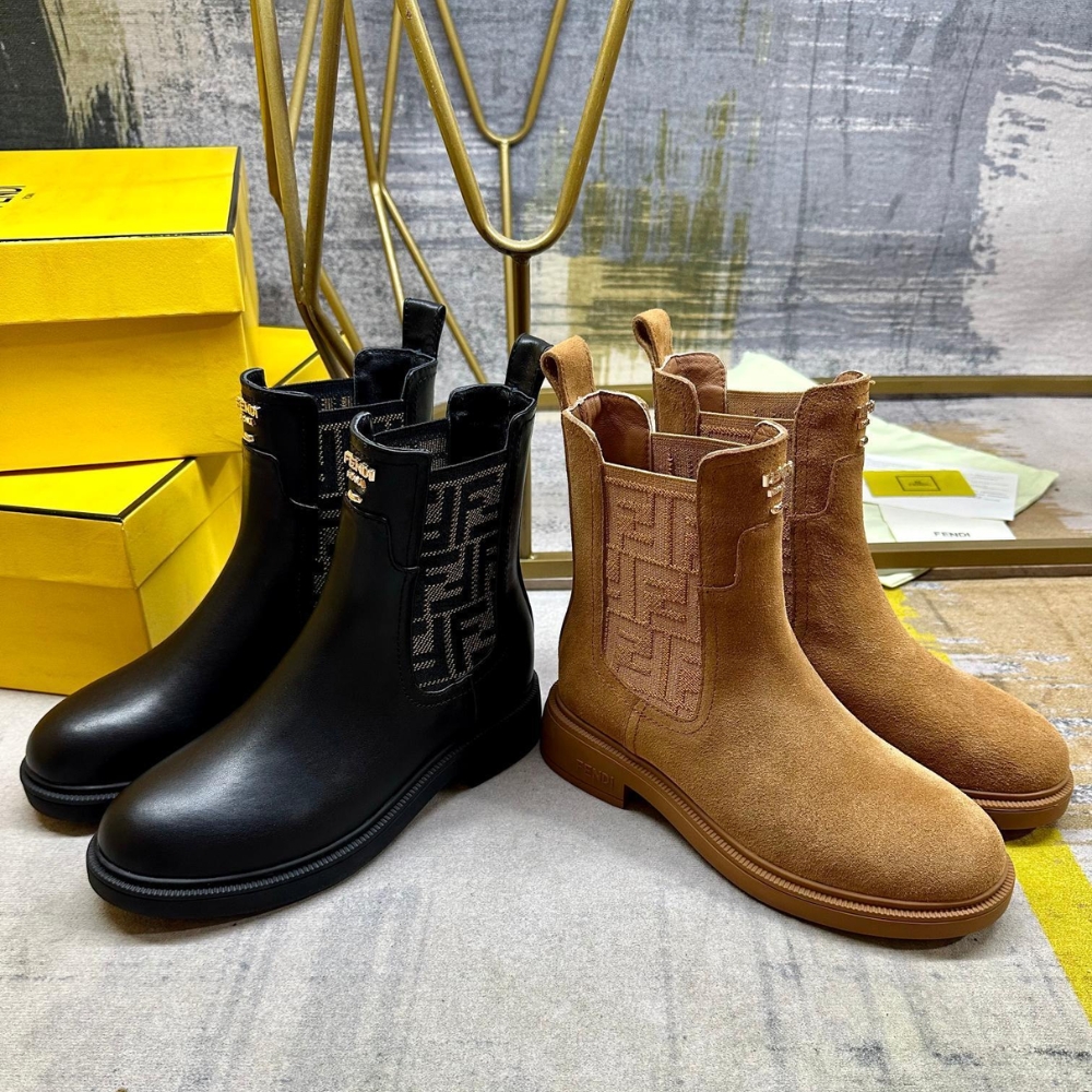 FENDI FILO BOOTS BROWN LEATHER AND FF FABRIC BIKER BOOTS FENDI FILO BOOTS BROWN LEATHER AND FF FABRIC BIKER BOOTS