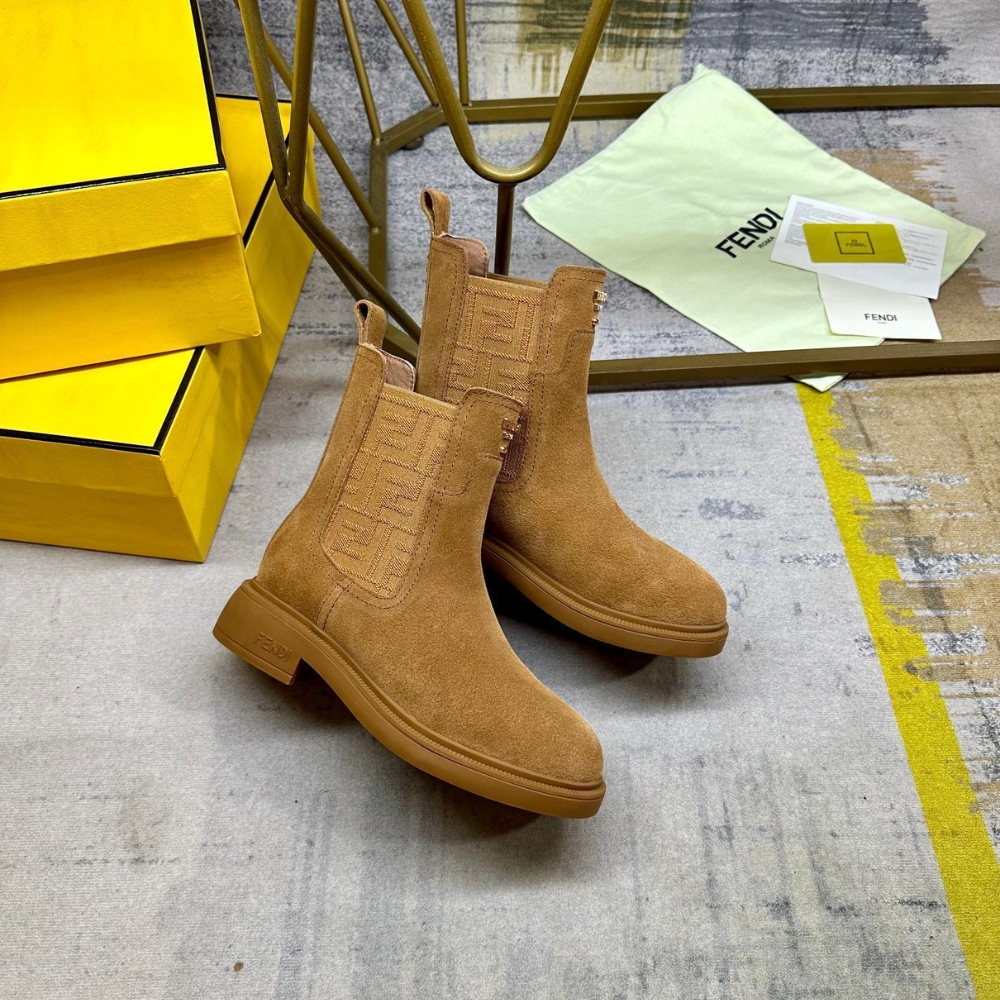 FENDI FILO BOOTS BROWN LEATHER AND FF FABRIC BIKER BOOTS FENDI FILO BOOTS BROWN LEATHER AND FF FABRIC BIKER BOOTS