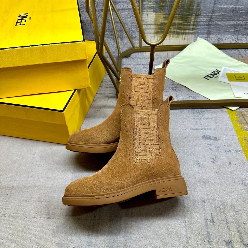 FENDI FILO BOOTS BROWN LEATHER AND FF FABRIC BIKER BOOTS FENDI FILO BOOTS BROWN LEATHER AND FF FABRIC BIKER BOOTS