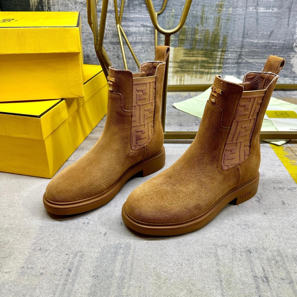 FENDI FILO BOOTS BROWN LEATHER AND FF FABRIC BIKER BOOTS FENDI FILO BOOTS BROWN LEATHER AND FF FABRIC BIKER BOOTS