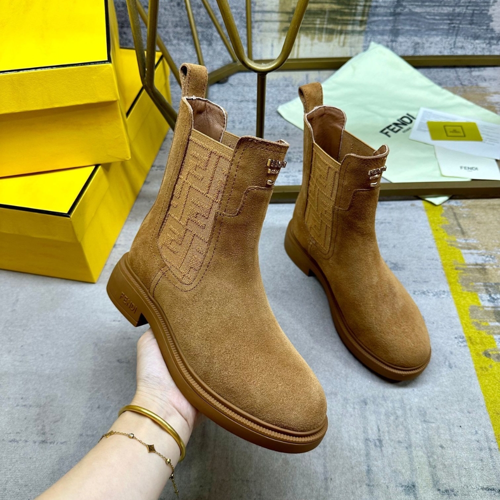 FENDI FILO BOOTS BROWN LEATHER AND FF FABRIC BIKER BOOTS FENDI FILO BOOTS BROWN LEATHER AND FF FABRIC BIKER BOOTS