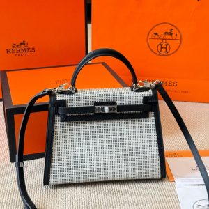 HERMES KELLY 25 TOILE QUADRILLE CANVAS SWIFT BLACK PHW 25CM