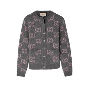 GUCCI GG MONOGRAM KNIT CARDIGAN IN GREY WITH PINK