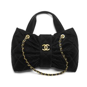 CHANEL BOW BAG VELVET EFFECT NYLON AND GOLD TONE METAL BLACK 35CM