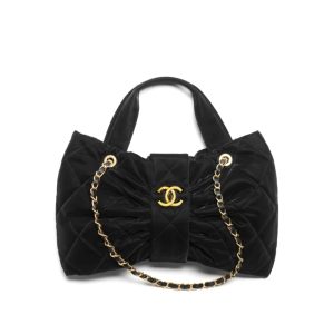 CHANEL MINI BOW BAG VELVET EFFECT NYLON AND GOLD TONE METAL BLACK 21CM