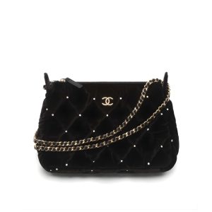 CHANEL VELVET CRYSTAL QUILTED CHAIN HOBO BAG IN BLACK 22CM