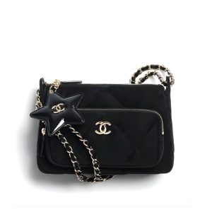 CHANEL CLUTCH WITH CHAIN VELVET EFFECT NYLON AND GOLD TONE METAL BLACK 21CM