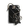 CHANEL PHONE HOLDER WITH CHAIN SHINY CRUMPLED AND GOLD TONE METAL BLACK 18CM