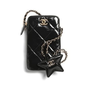 CHANEL PHONE HOLDER WITH CHAIN SHINY CRUMPLED AND GOLD TONE METAL BLACK 18CM