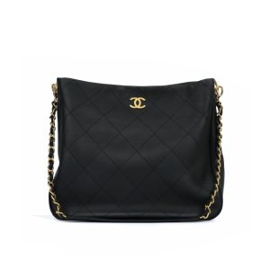 CHANEL QUILTED HOBO SHOULDER BAG BLACK BRUSHED GOLD HARDWARE 33CM